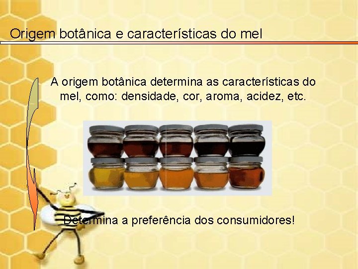 Origem botânica e características do mel A origem botânica determina as características do mel,