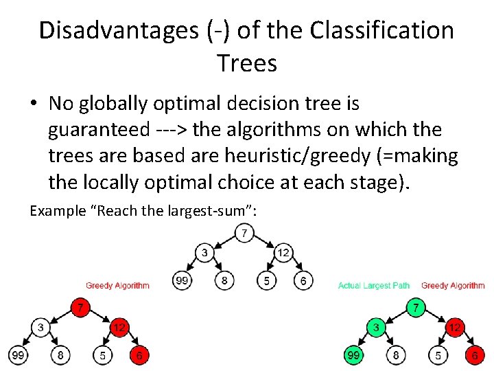 Disadvantages (-) of the Classification Trees • No globally optimal decision tree is guaranteed Disadvantages (-) of the Classification Trees • No globally optimal decision tree is guaranteed