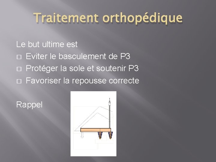 Traitement orthopédique Le but ultime est � Eviter le basculement de P 3 �