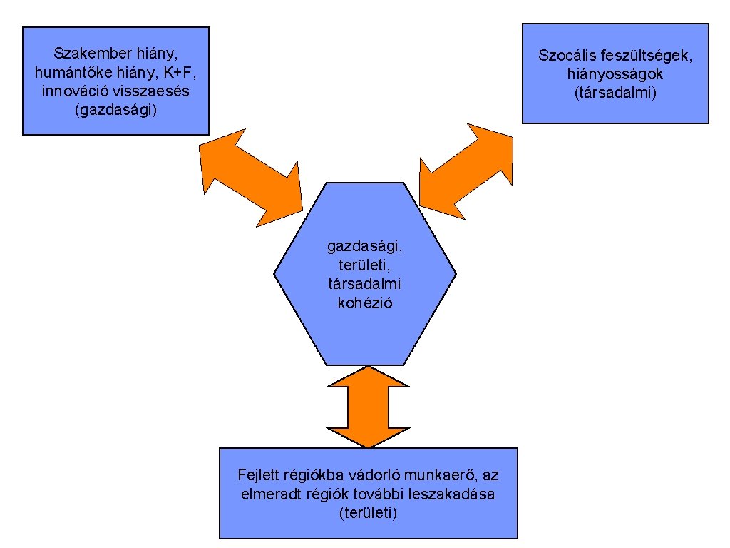 Szakember hiány, humántőke hiány, K+F, innováció visszaesés (gazdasági) Szocális feszültségek, hiányosságok (társadalmi) gazdasági, területi,