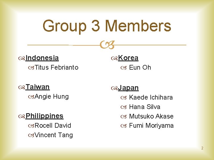 Group 3 Members Indonesia Titus Febrianto Taiwan Angie Hung Philippines Rocell David Vincent Tang