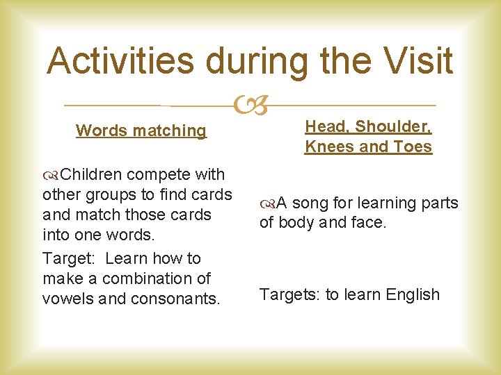 Activities during the Visit Head, Shoulder, Words matching Children compete with other groups to