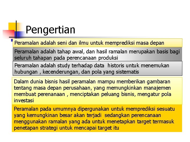 Pengertian Peramalan adalah seni dan ilmu untuk memprediksi masa depan Peramalan adalah tahap awal,