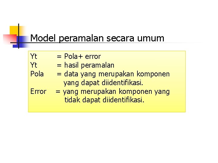 Model peramalan secara umum Yt Yt Pola Error = Pola+ error = hasil peramalan
