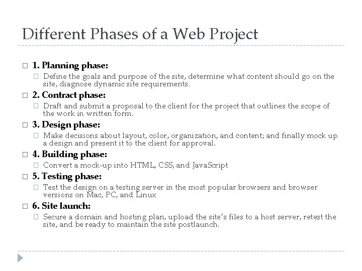 Different Phases of a Web Project � 1. Planning phase: � � 2. Contract Different Phases of a Web Project � 1. Planning phase: � � 2. Contract
