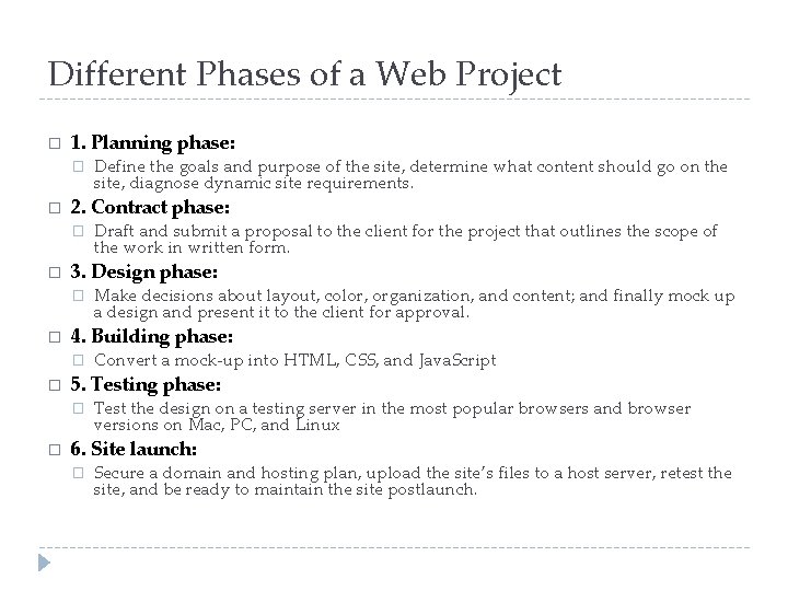 Different Phases of a Web Project � 1. Planning phase: � � 2. Contract