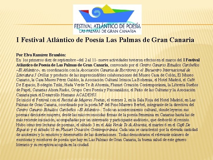 I Festival Atlántico de Poesía Las Palmas de Gran Canaria Por Elva Ramírez Brandón: