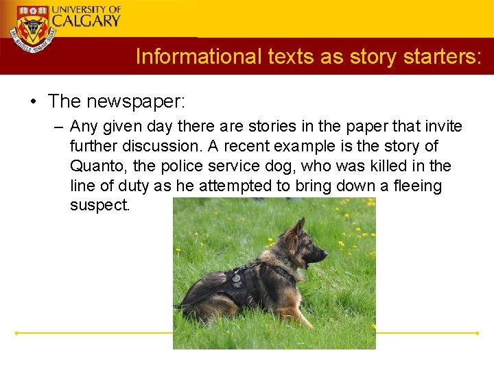 Informational texts as story starters: • The newspaper: – Any given day there are