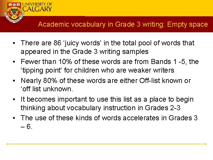 Academic vocabulary in Grade 3 writing: Empty space • There are 86 ‘juicy words’