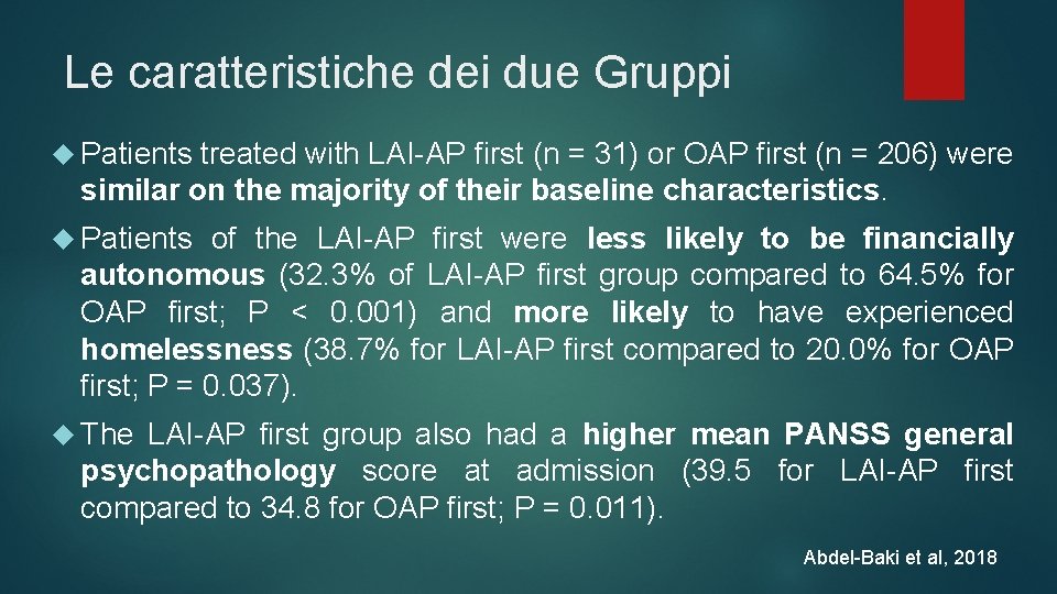 Le caratteristiche dei due Gruppi Patients treated with LAI-AP first (n = 31) or