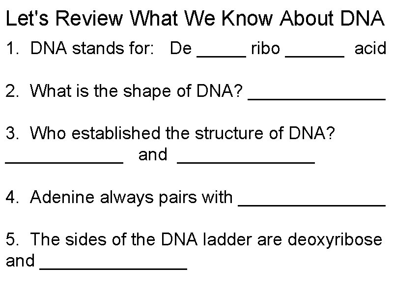 Let's Review What We Know About DNA 1. DNA stands for: De _____ ribo