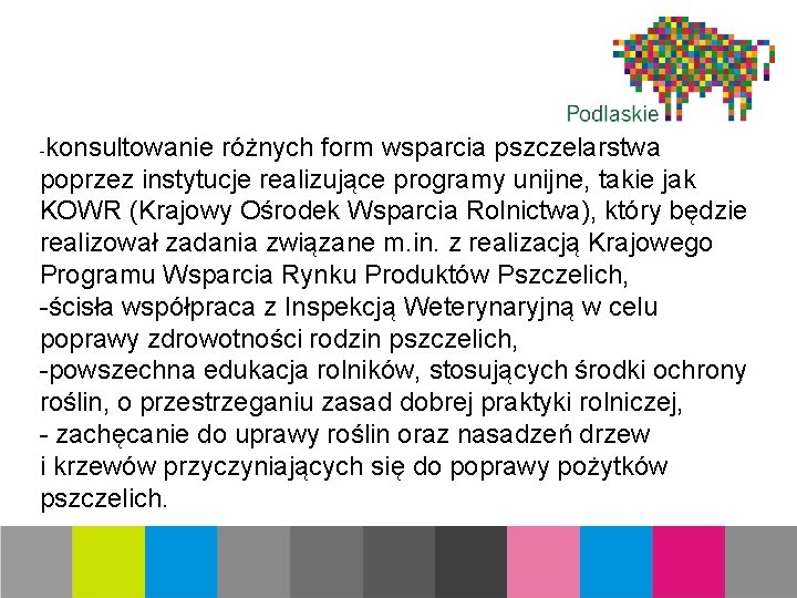 -konsultowanie różnych form wsparcia pszczelarstwa poprzez instytucje realizujące programy unijne, takie jak KOWR (Krajowy