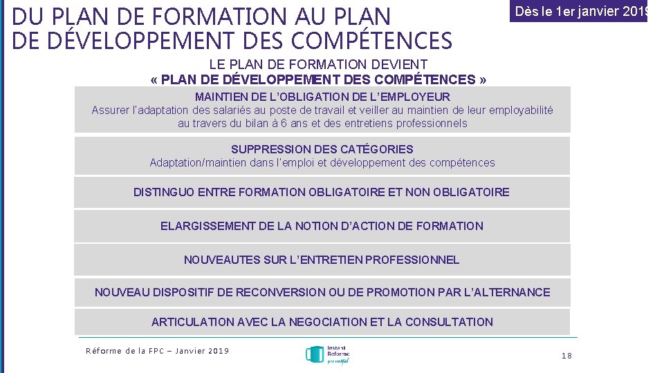 DU PLAN DE FORMATION AU PLAN DE DÉVELOPPEMENT DES COMPÉTENCES Dès le 1 er DU PLAN DE FORMATION AU PLAN DE DÉVELOPPEMENT DES COMPÉTENCES Dès le 1 er