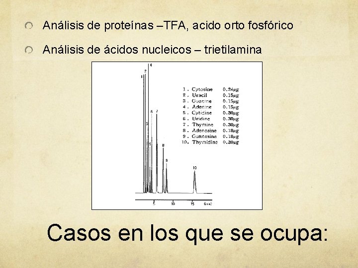 Análisis de proteínas –TFA, acido orto fosfórico Análisis de ácidos nucleicos – trietilamina Casos