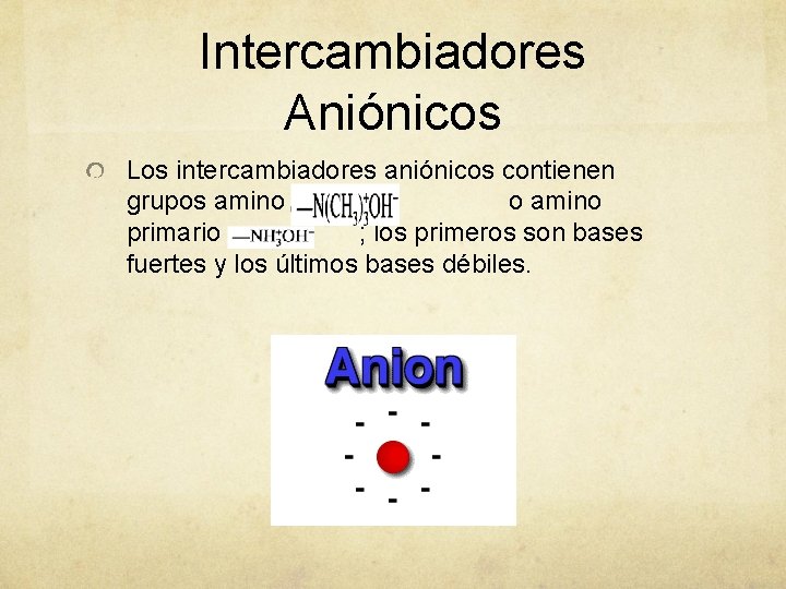 Intercambiadores Aniónicos Los intercambiadores aniónicos contienen grupos amino terciario o amino primario ; los