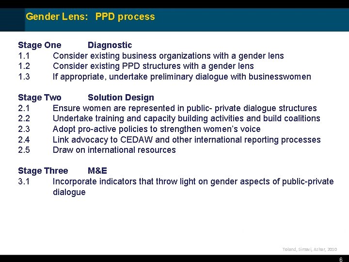 Gender Lens: PPD process Stage One Diagnostic 1. 1 Consider existing business organizations with