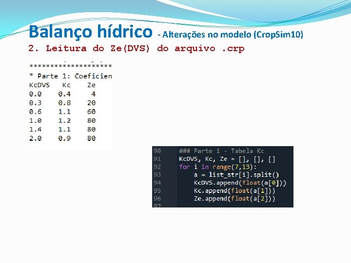 Balanço hídrico - Alterações no modelo (Crop. Sim 10) 2. Leitura do Ze(DVS) do Balanço hídrico - Alterações no modelo (Crop. Sim 10) 2. Leitura do Ze(DVS) do