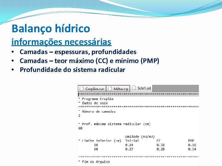 Balanço hídrico informações necessárias • Camadas – espessuras, profundidades • Camadas – teor máximo Balanço hídrico informações necessárias • Camadas – espessuras, profundidades • Camadas – teor máximo