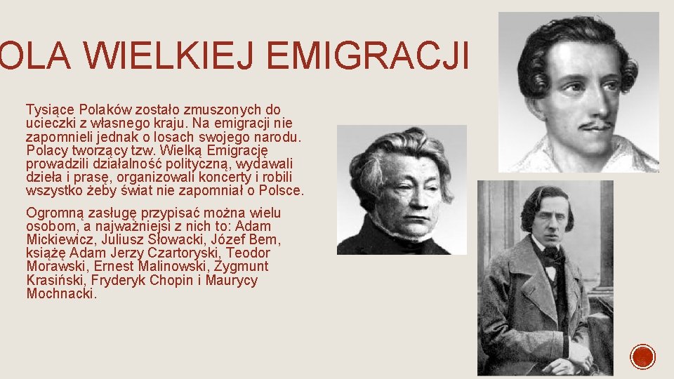 OLA WIELKIEJ EMIGRACJI Tysiące Polaków zostało zmuszonych do ucieczki z własnego kraju. Na emigracji OLA WIELKIEJ EMIGRACJI Tysiące Polaków zostało zmuszonych do ucieczki z własnego kraju. Na emigracji