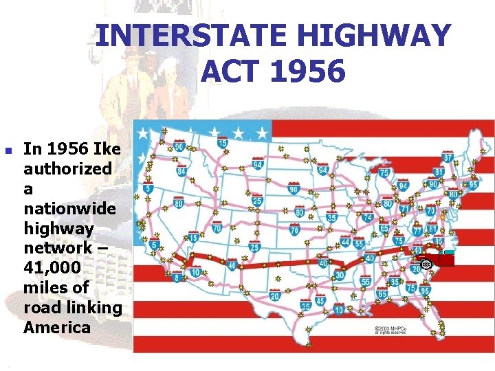INTERSTATE HIGHWAY ACT 1956 n In 1956 Ike authorized a nationwide highway network – INTERSTATE HIGHWAY ACT 1956 n In 1956 Ike authorized a nationwide highway network –