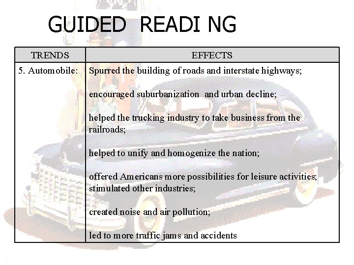 GUIDED READI NG TRENDS 5. Automobile: EFFECTS Spurred the building of roads and interstate GUIDED READI NG TRENDS 5. Automobile: EFFECTS Spurred the building of roads and interstate