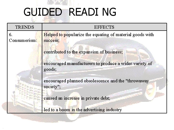 GUIDED READI NG TRENDS 6. Consumerism: EFFECTS Helped to popularize the equating of material GUIDED READI NG TRENDS 6. Consumerism: EFFECTS Helped to popularize the equating of material