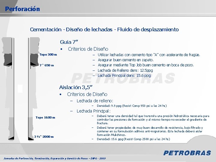 Perforación Cementación - Diseño de lechadas - Fluido de desplazamiento Guía 7” • Criterios