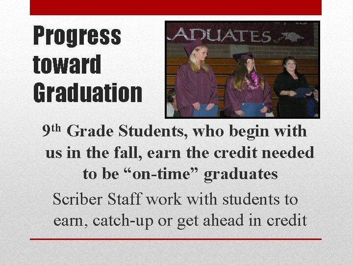 Progress toward Graduation 9 th Grade Students, who begin with us in the fall,