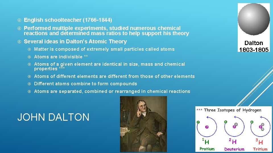 English schoolteacher (1766 -1844) Performed multiple experiments, studied numerous chemical reactions and determined English schoolteacher (1766 -1844) Performed multiple experiments, studied numerous chemical reactions and determined