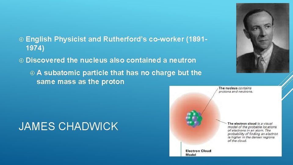 English Physicist and Rutherford’s co-worker (1891 - 1974) Discovered the nucleus also contained English Physicist and Rutherford’s co-worker (1891 - 1974) Discovered the nucleus also contained