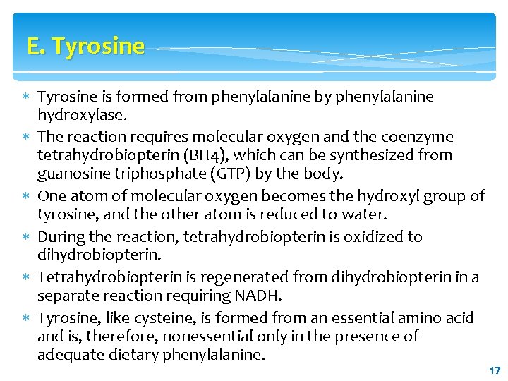 E. Tyrosine is formed from phenylalanine by phenylalanine hydroxylase. The reaction requires molecular oxygen