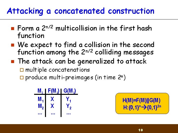 Attacking a concatenated construction n Form a 2 n/2 multicollision in the first hash