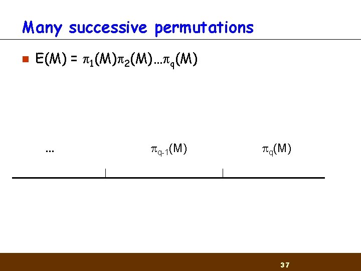 Many successive permutations n E(M) = 1(M) 2(M)… q(M) . . . q-1(M) q(M) Many successive permutations n E(M) = 1(M) 2(M)… q(M) . . . q-1(M) q(M)