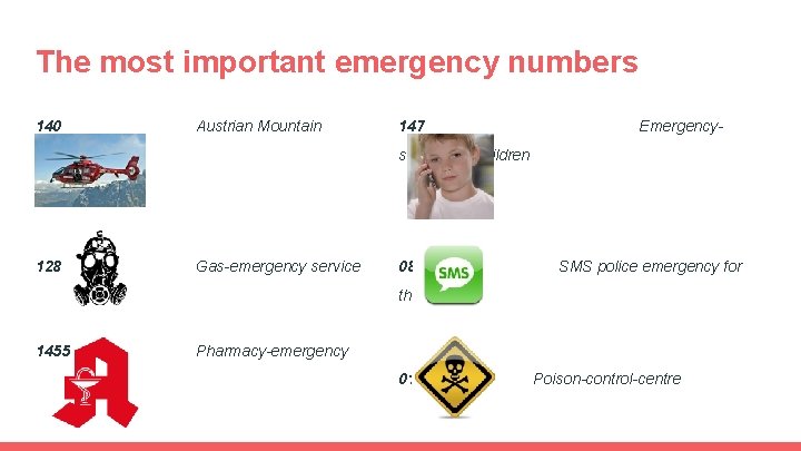 The most important emergency numbers 140 Austrian Mountain Rescue 128 147 Emergency- service for The most important emergency numbers 140 Austrian Mountain Rescue 128 147 Emergency- service for