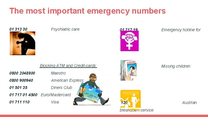 The most important emergency numbers 01 313 30 Psychiatric care 01 717 19 Emergency The most important emergency numbers 01 313 30 Psychiatric care 01 717 19 Emergency