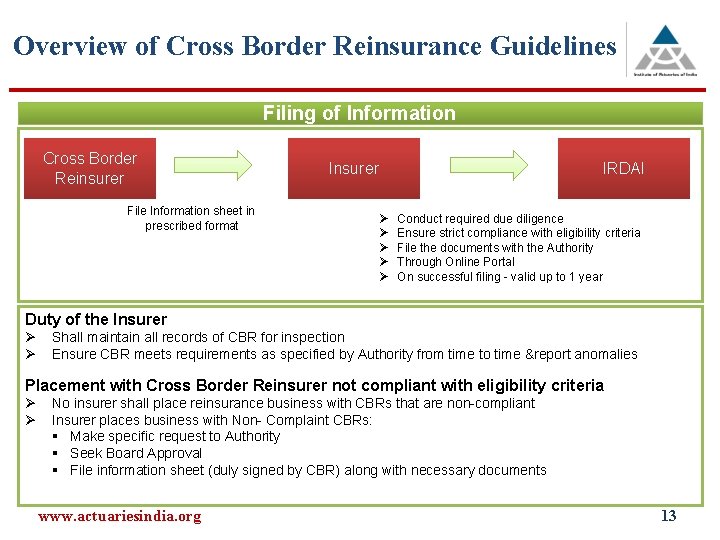 Overview of Cross Border Reinsurance Guidelines Filing of Information Cross Border Reinsurer File Information