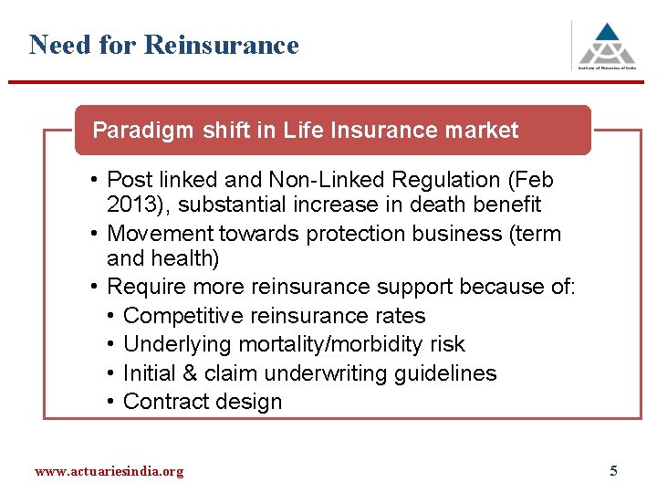 Need for Reinsurance Paradigm shift in Life Insurance market • Post linked and Non-Linked