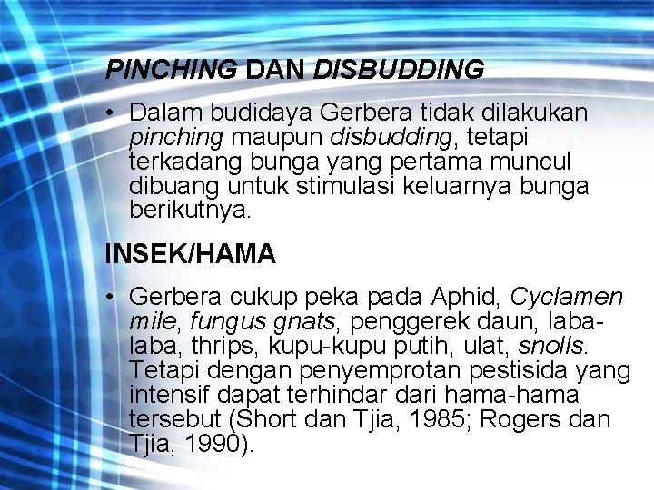 PINCHING DAN DISBUDDING • Dalam budidaya Gerbera tidak dilakukan pinching maupun disbudding, tetapi terkadang