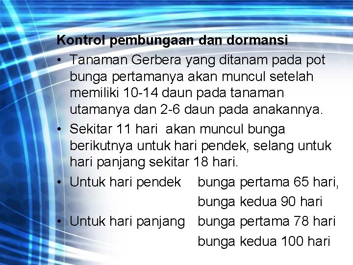 Kontrol pembungaan dormansi • Tanaman Gerbera yang ditanam pada pot bunga pertamanya akan muncul