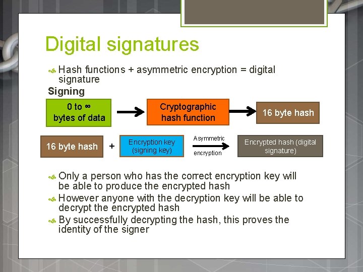 Digital signatures Hash functions + asymmetric encryption = digital signature Signing 0 to ∞ Digital signatures Hash functions + asymmetric encryption = digital signature Signing 0 to ∞