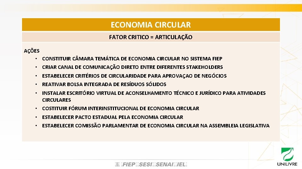 ECONOMIA CIRCULAR FATOR CRITICO = ARTICULAÇÃO AÇÕES • CONSTITUIR C MARA TEMÁTICA DE ECONOMIA ECONOMIA CIRCULAR FATOR CRITICO = ARTICULAÇÃO AÇÕES • CONSTITUIR C MARA TEMÁTICA DE ECONOMIA
