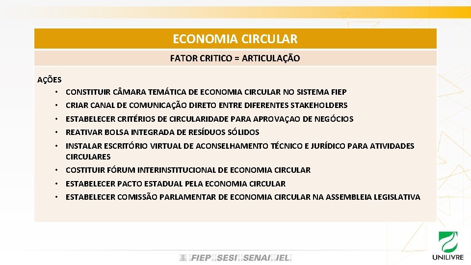 ECONOMIA CIRCULAR FATOR CRITICO = ARTICULAÇÃO AÇÕES • CONSTITUIR C MARA TEMÁTICA DE ECONOMIA