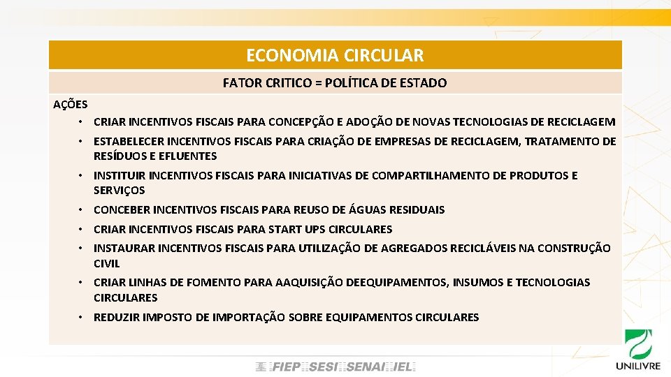 ECONOMIA CIRCULAR FATOR CRITICO = POLÍTICA DE ESTADO AÇÕES • CRIAR INCENTIVOS FISCAIS PARA