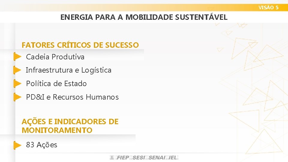 VISÃO 5 ENERGIA PARA A MOBILIDADE SUSTENTÁVEL FATORES CRÍTICOS DE SUCESSO Cadeia Produtiva Infraestrutura VISÃO 5 ENERGIA PARA A MOBILIDADE SUSTENTÁVEL FATORES CRÍTICOS DE SUCESSO Cadeia Produtiva Infraestrutura