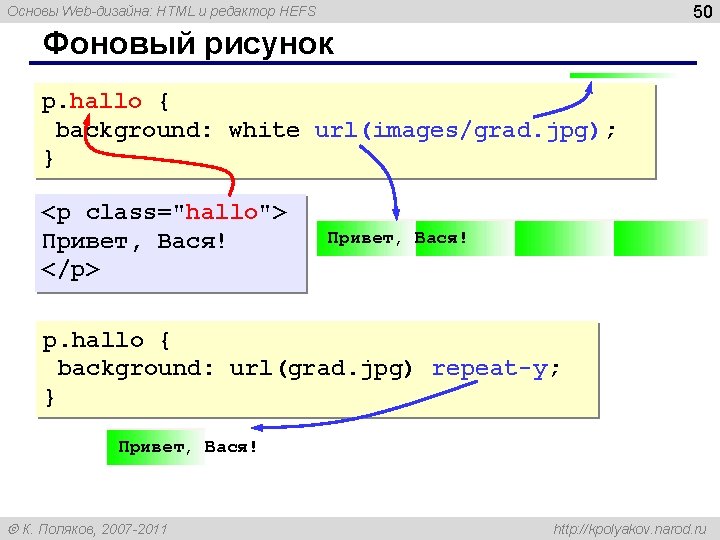 50 Основы Web-дизайна: HTML и редактор HEFS Фоновый рисунок p. hallo { background: white 50 Основы Web-дизайна: HTML и редактор HEFS Фоновый рисунок p. hallo { background: white