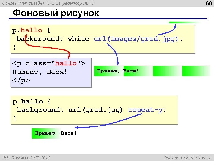 50 Основы Web-дизайна: HTML и редактор HEFS Фоновый рисунок p. hallo { background: white