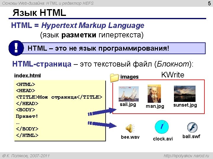 5 Основы Web-дизайна: HTML и редактор HEFS Язык HTML = Hypertext Markup Language (язык