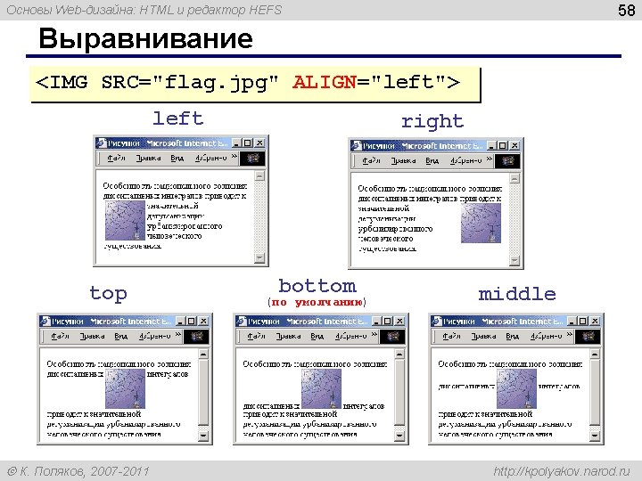 58 Основы Web-дизайна: HTML и редактор HEFS Выравнивание <IMG SRC="flag. jpg" ALIGN="left"> left top 58 Основы Web-дизайна: HTML и редактор HEFS Выравнивание <IMG SRC="flag. jpg" ALIGN="left"> left top