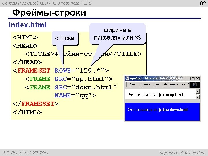 82 Основы Web-дизайна: HTML и редактор HEFS Фреймы-строки index. html ширина в пикселях или 82 Основы Web-дизайна: HTML и редактор HEFS Фреймы-строки index. html ширина в пикселях или