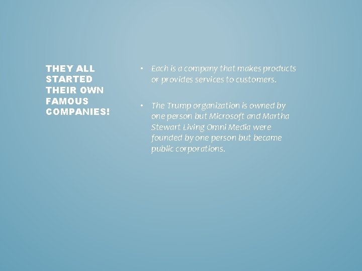 THEY ALL STARTED THEIR OWN FAMOUS COMPANIES! • Each is a company that makes THEY ALL STARTED THEIR OWN FAMOUS COMPANIES! • Each is a company that makes